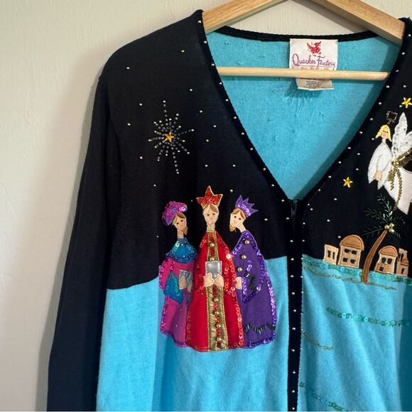 Vtg Quacker Factory Christmas Cardigan Sweater XL Zip Nativity Novelty Jesus - Picture 2 of 9